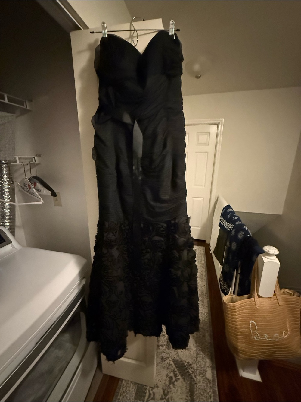 JS Collections Strapless Black Floral-Applique Evening Gown